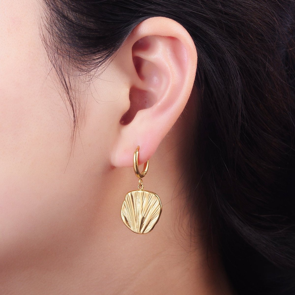 Stainless Steel Line-Textured Abstract Round Drop Huggie Earrings
