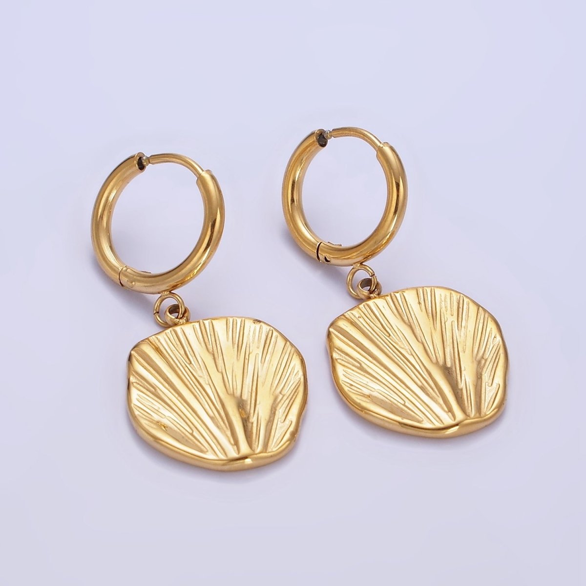 Stainless Steel Line-Textured Abstract Round Drop Huggie Earrings