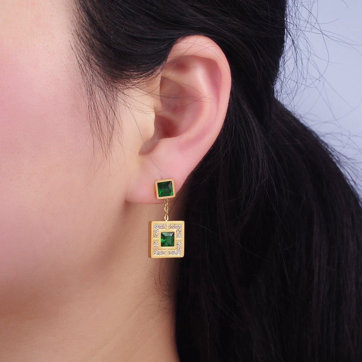 Stainless Steel Micro Pave CZ Green Square Drop Stud Earrings