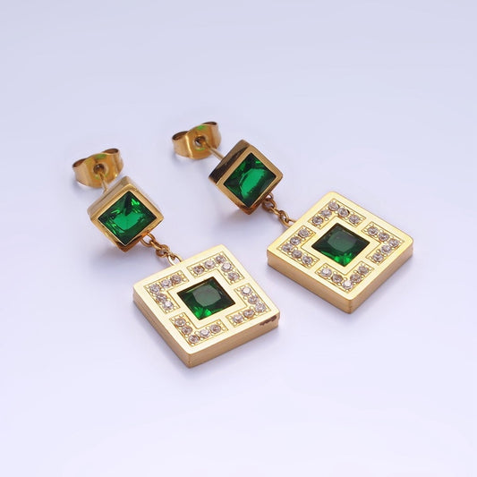 Stainless Steel Micro Pave CZ Green Square Drop Stud Earrings