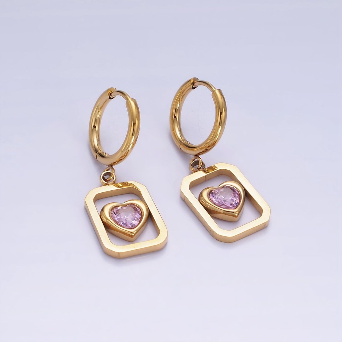 Simple Stainless Steel Pink Heart CZ Open Tag Drop Huggie Earrings