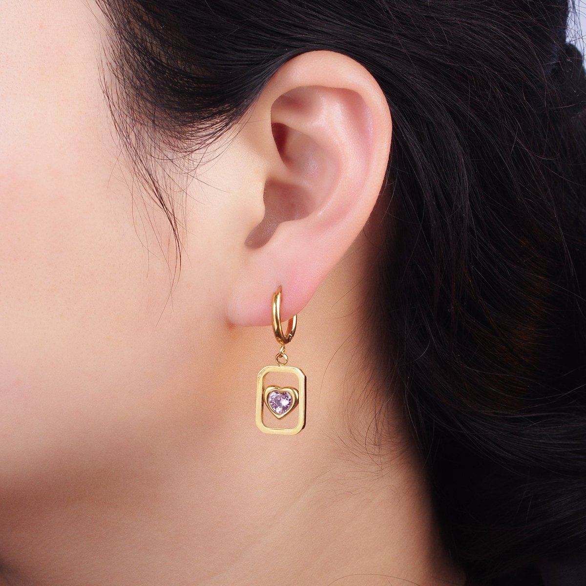 Simple Stainless Steel Pink Heart CZ Open Tag Drop Huggie Earrings