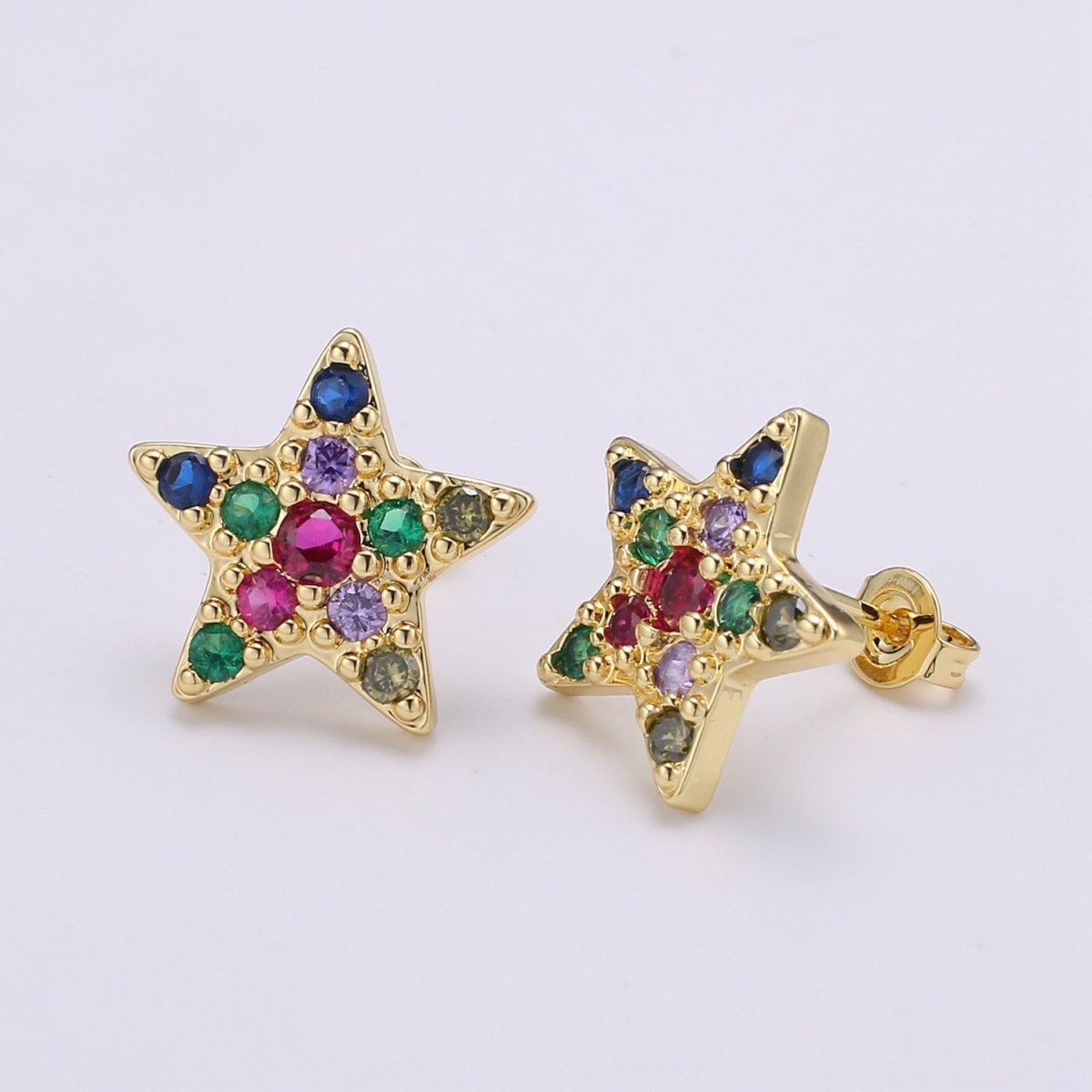 Star Design 24K Gold Plated Pave Multicolored CZ Stud Earrings