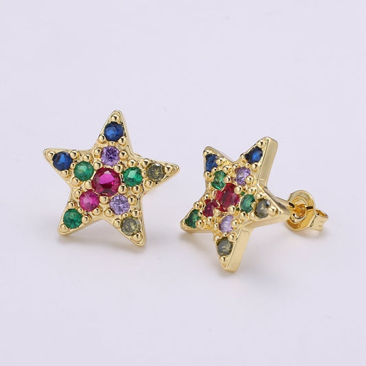 Star Design 24K Gold Plated Pave Multicolored CZ Stud Earrings