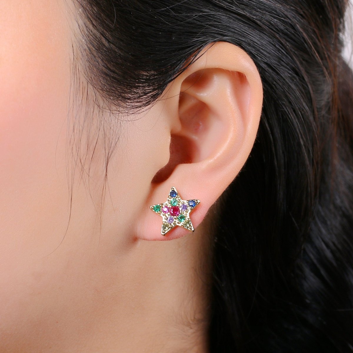Star Design 24K Gold Plated Pave Multicolored CZ Stud Earrings