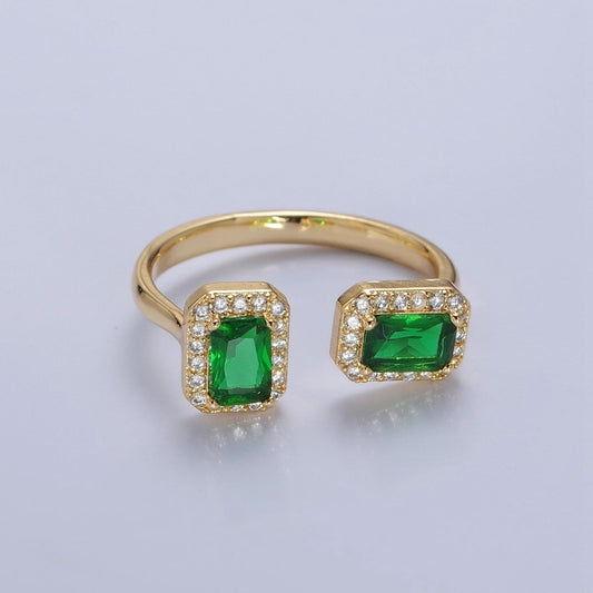 Statement Gold Emerald Cut Green CZ Ring Open and Adjustable