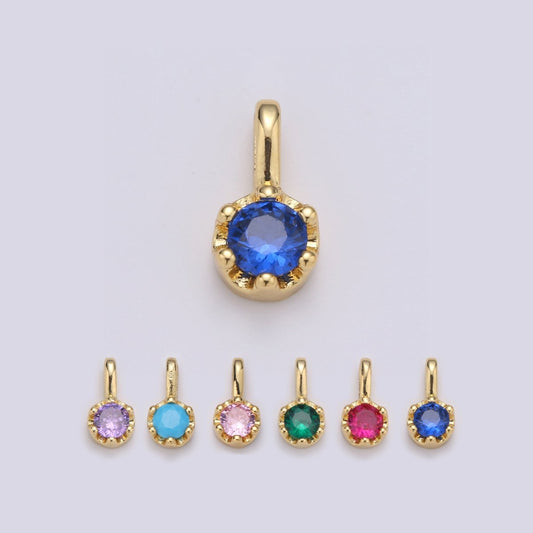 Tiny Dainty Round Gold Charm Cubic Zirconia 10mm Charm Drop Round Small Color Full CZ Birthstone Dangle Charm