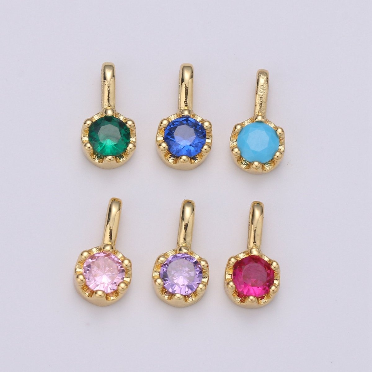 Tiny Dainty Round Gold Charm Cubic Zirconia 10mm Charm Drop Round Small Color Full CZ Birthstone Dangle Charm