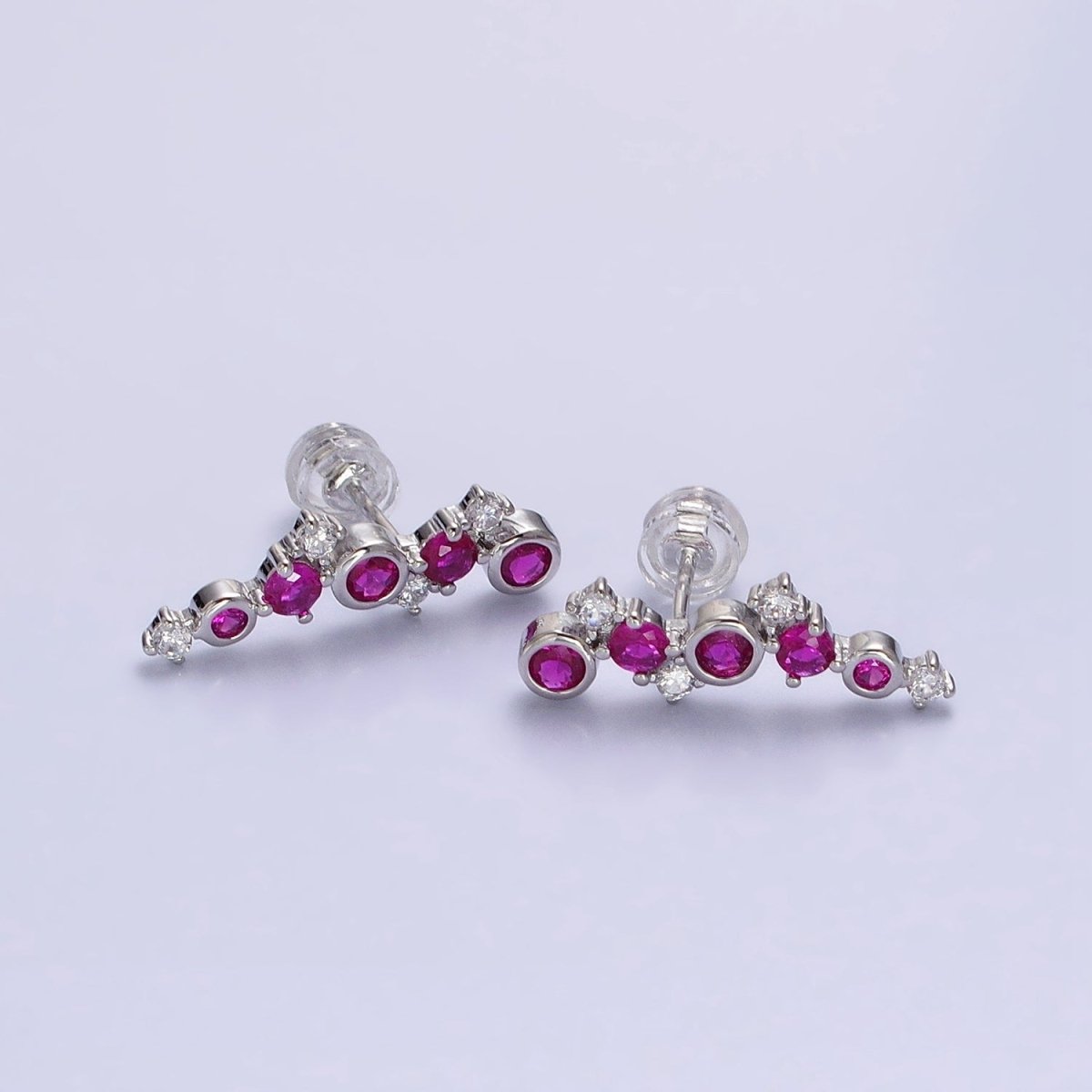 Tiny Fuchsia CZ Earrings, Small Ear Climber Earrings in Silver or Gold