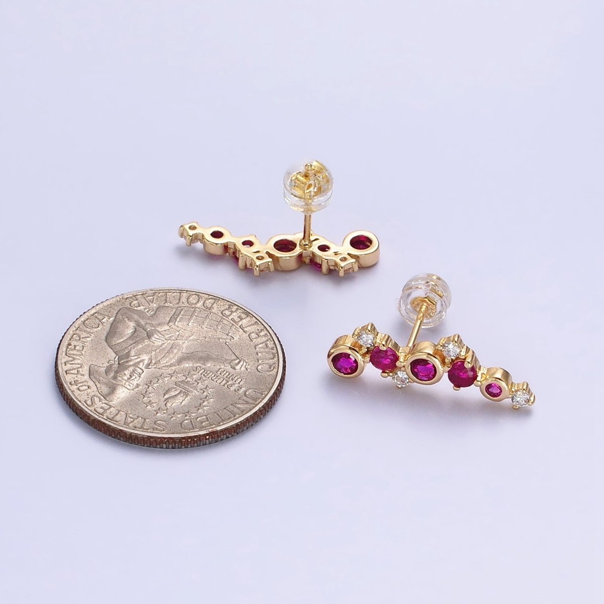 Tiny Fuchsia CZ Earrings, Small Ear Climber Earrings in Silver or Gold
