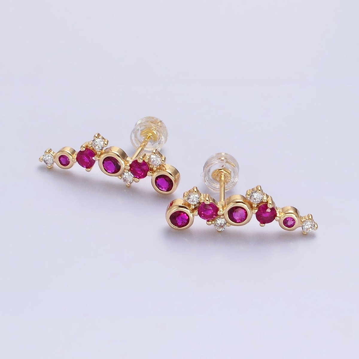 Tiny Fuchsia CZ Earrings, Small Ear Climber Earrings in Silver or Gold