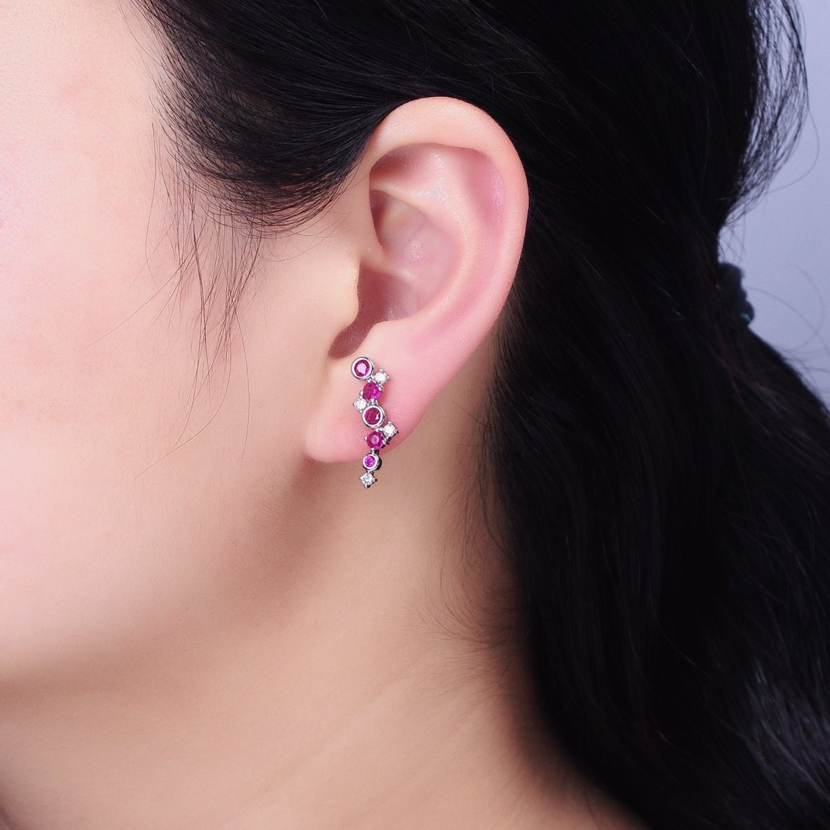 Tiny Fuchsia CZ Earrings, Small Ear Climber Earrings in Silver or Gold