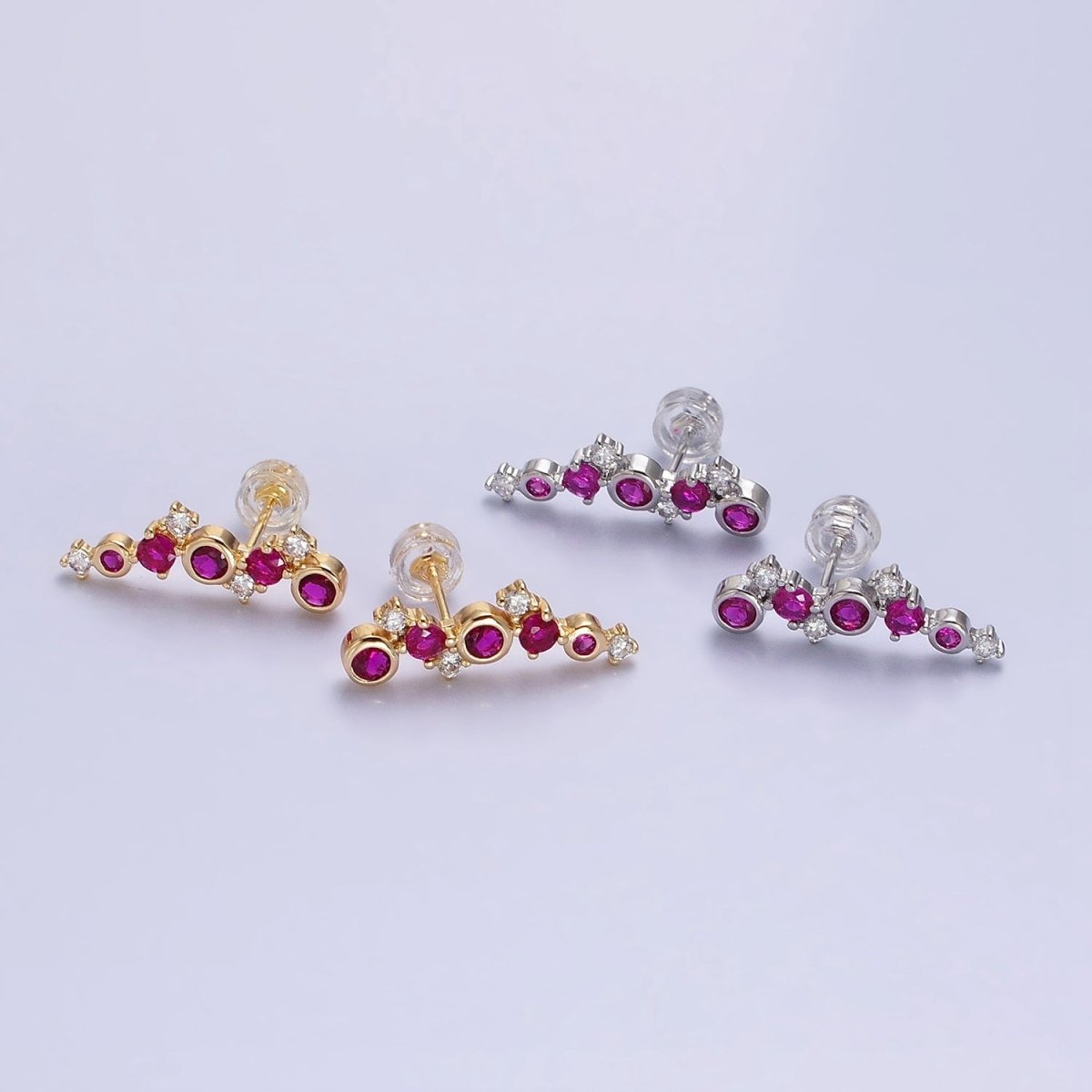 Tiny Fuchsia CZ Earrings, Small Ear Climber Earrings in Silver or Gold