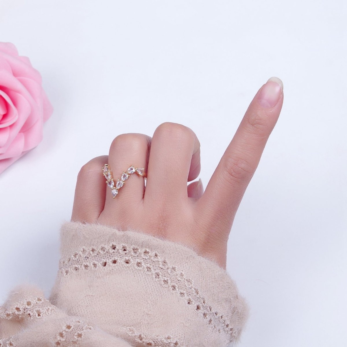 V Shaped Marquise Round Moissanite Wedding Band Unique Curved Chevron Band Solid 18K Gold Filled Stacking Ring