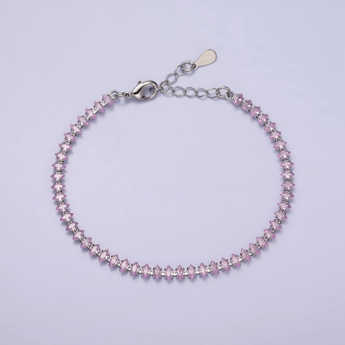 White Gold Filled 4mm Clear, Pink, Green CZ Marquise Tennis 6.5 Inch Bracelet