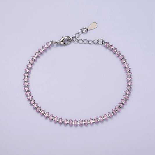 White Gold Filled 4mm Clear, Pink, Green CZ Marquise Tennis 6.5 Inch Bracelet