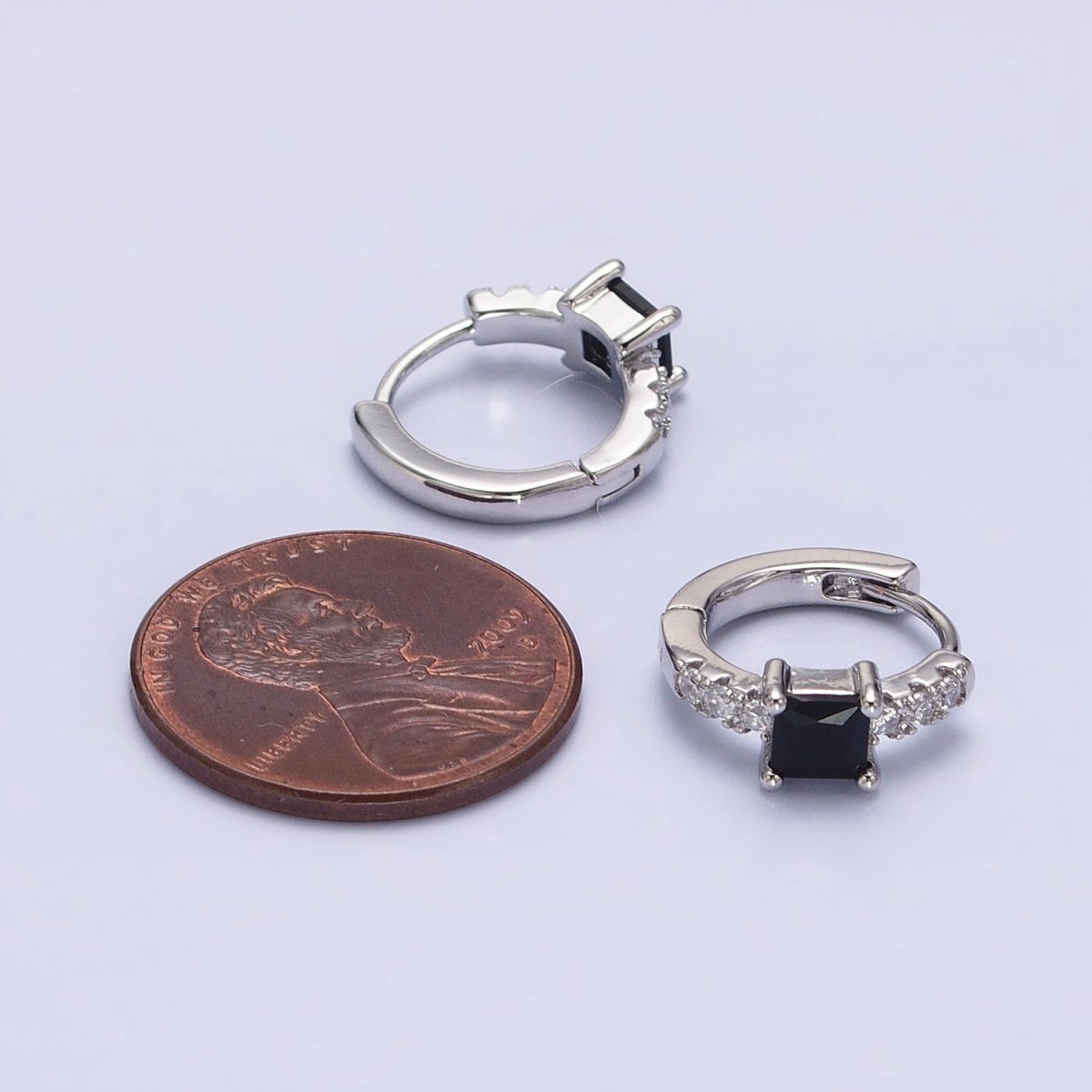 White Gold Filled Black Square CZ Clear Micro Pave 12.6mm Cartilage Huggie Earrings