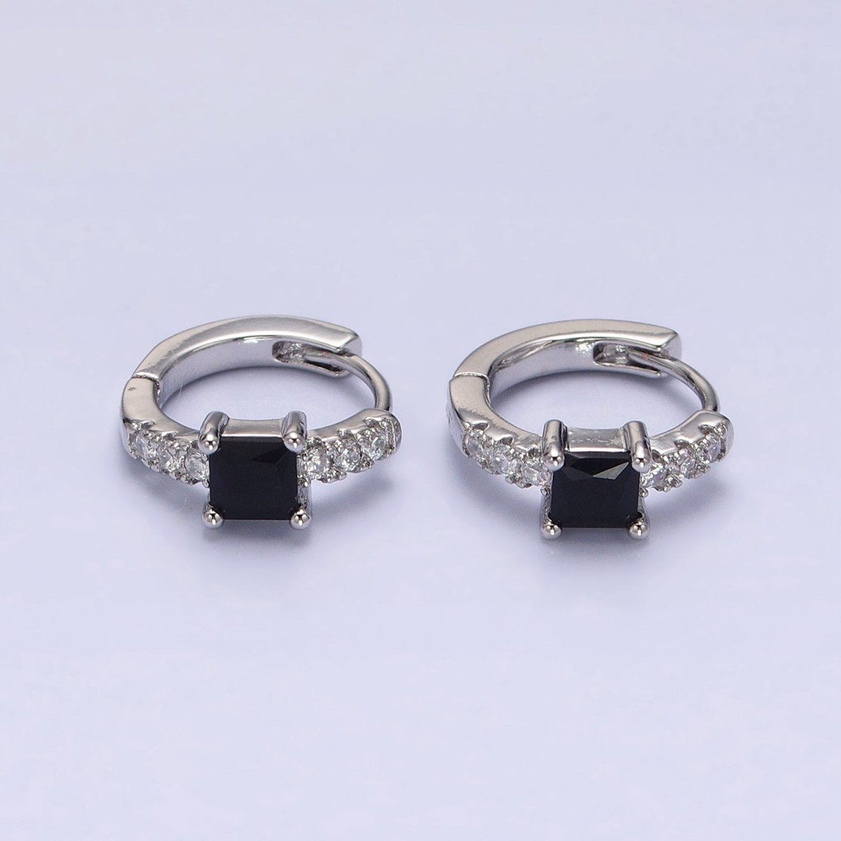 White Gold Filled Black Square CZ Clear Micro Pave 12.6mm Cartilage Huggie Earrings