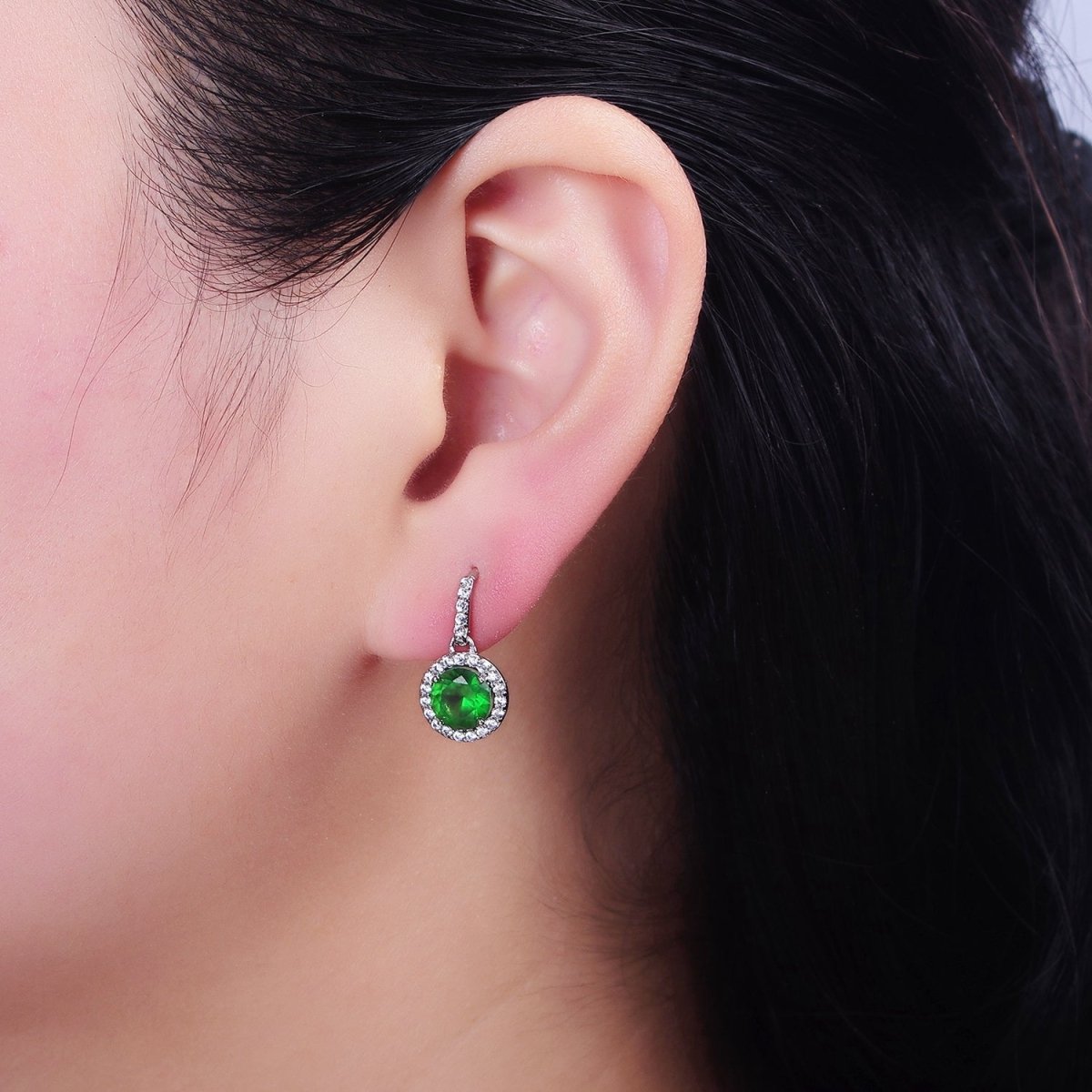 White Gold Filled Green CZ Round Micro Pave CZ French Hook Earrings