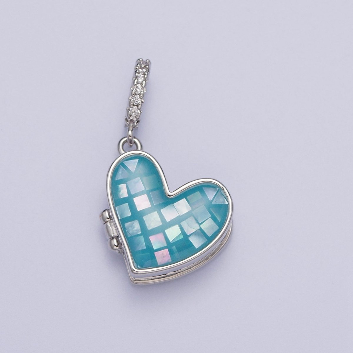 White Gold-Filled 28mm Heart Black, Blue, Pink, White, Green Shell Opal Heart Locket Pendant