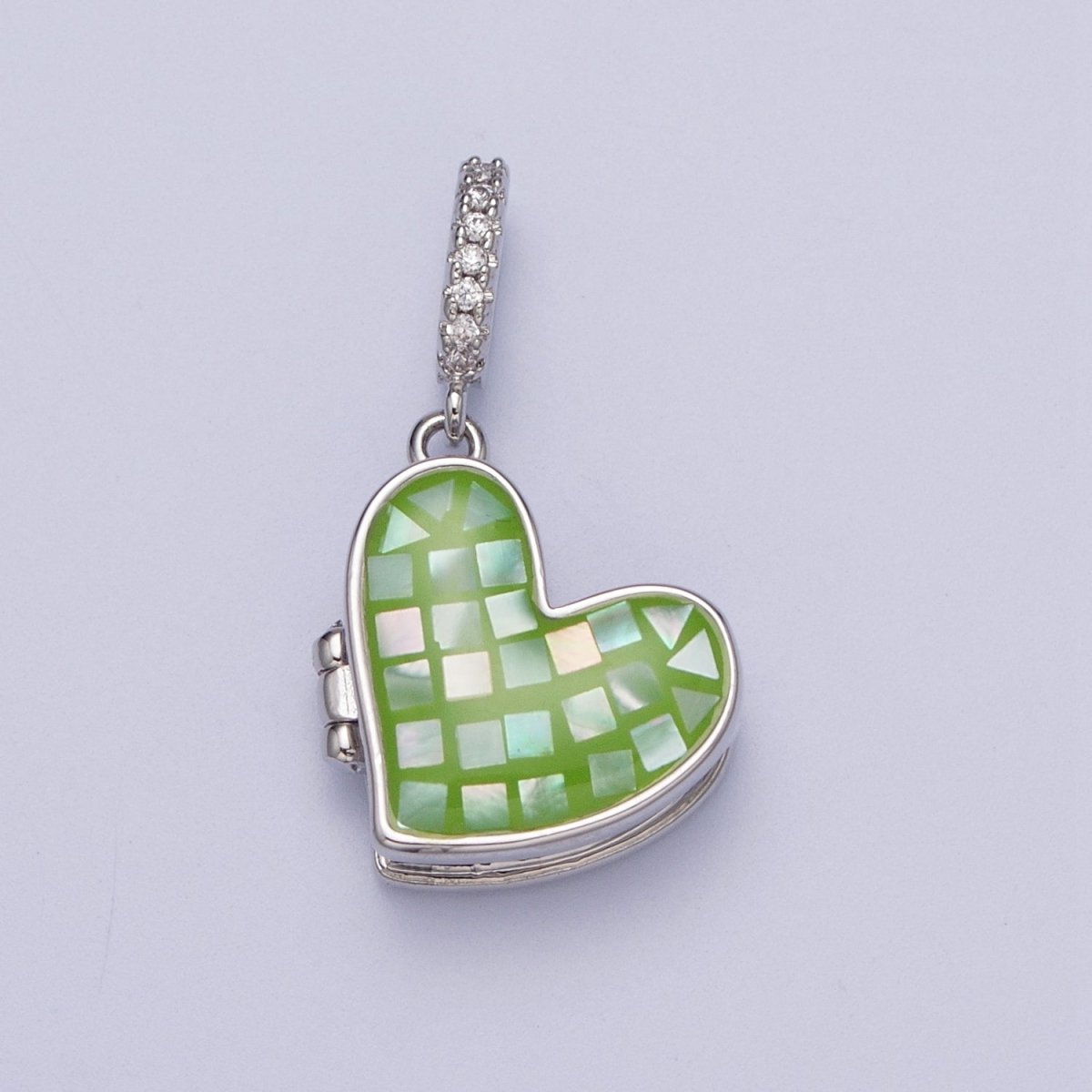 White Gold-Filled 28mm Heart Black, Blue, Pink, White, Green Shell Opal Heart Locket Pendant