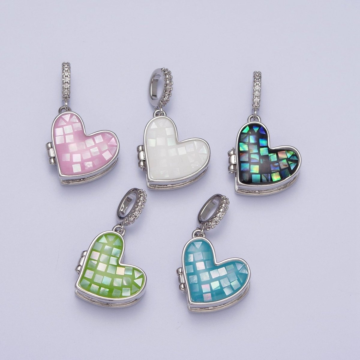 White Gold-Filled 28mm Heart Black, Blue, Pink, White, Green Shell Opal Heart Locket Pendant