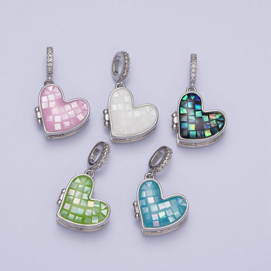 White Gold-Filled 28mm Heart Black, Blue, Pink, White, Green Shell Opal Heart Locket Pendant