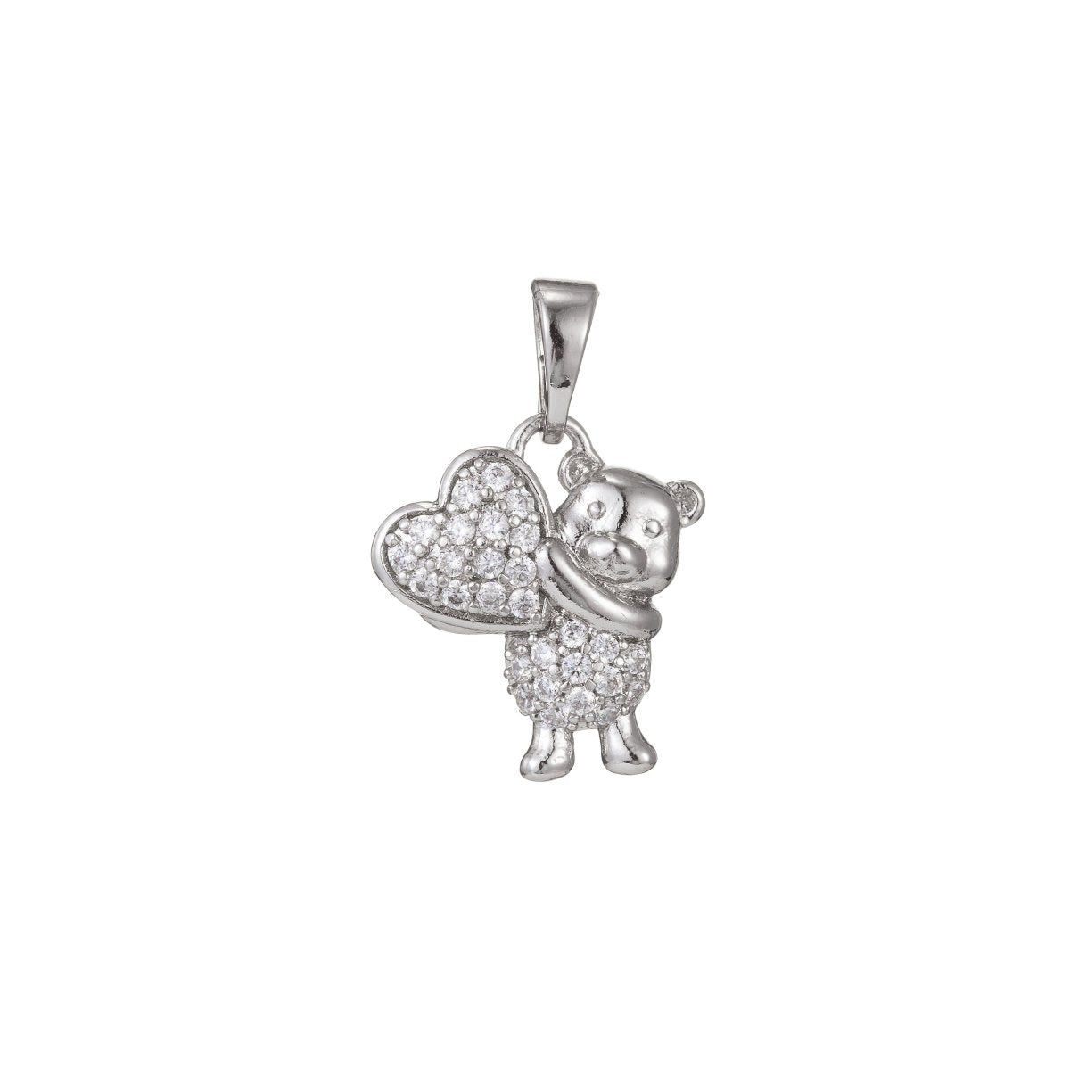 Sweet White Gold-Filled 20mm Micro Pave CZ Bear "I Love You" Pendant Charm Bear Pendant White Gold Bear Pendant