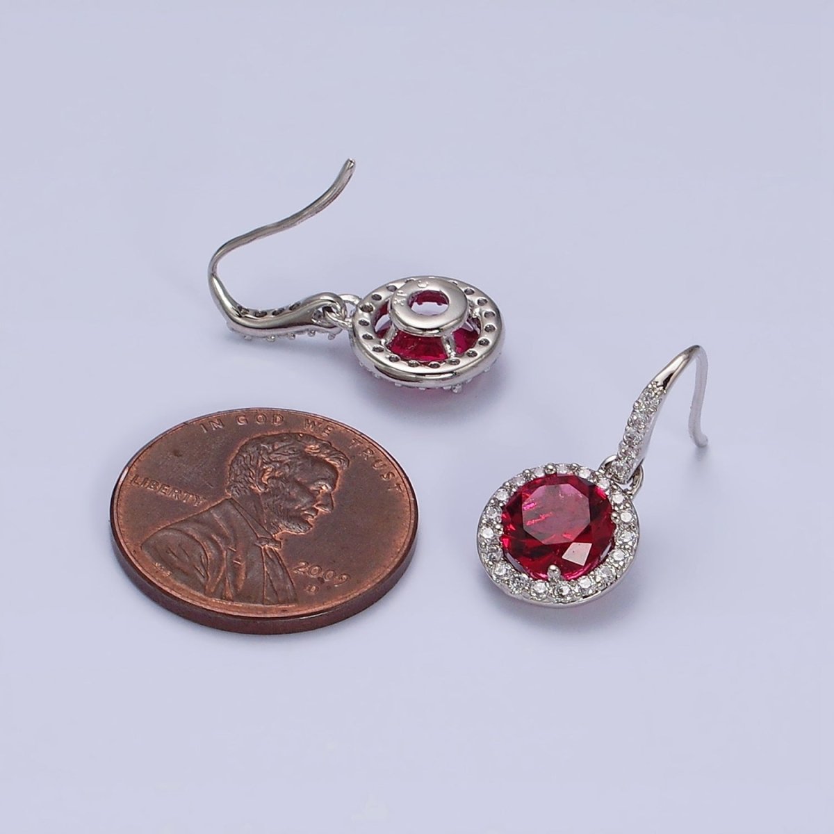White Gold Filled Red CZ Round Micro Paved CZ French Hook Earrings