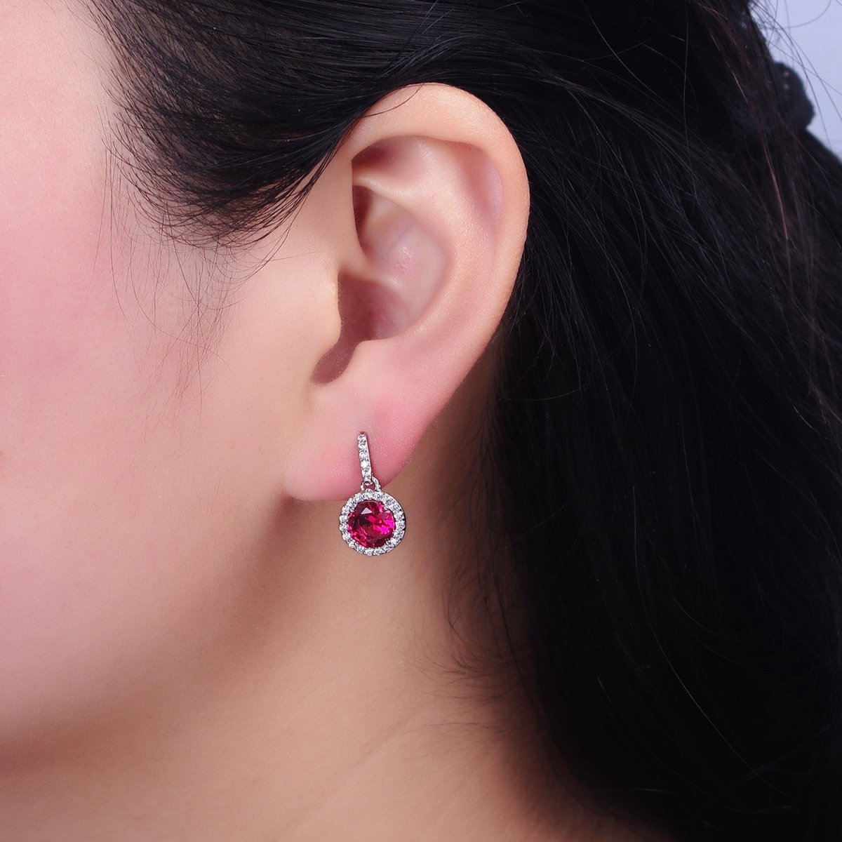 White Gold Filled Red CZ Round Micro Paved CZ French Hook Earrings