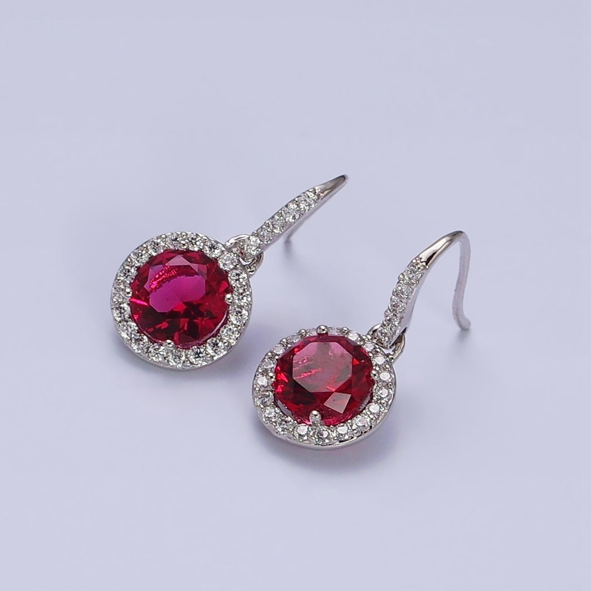White Gold Filled Red CZ Round Micro Paved CZ French Hook Earrings