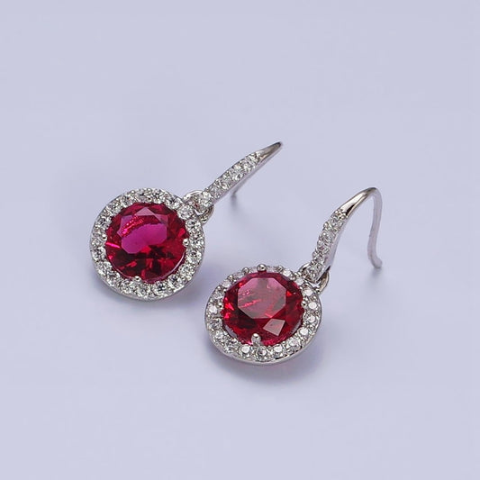 White Gold Filled Red CZ Round Micro Paved CZ French Hook Earrings
