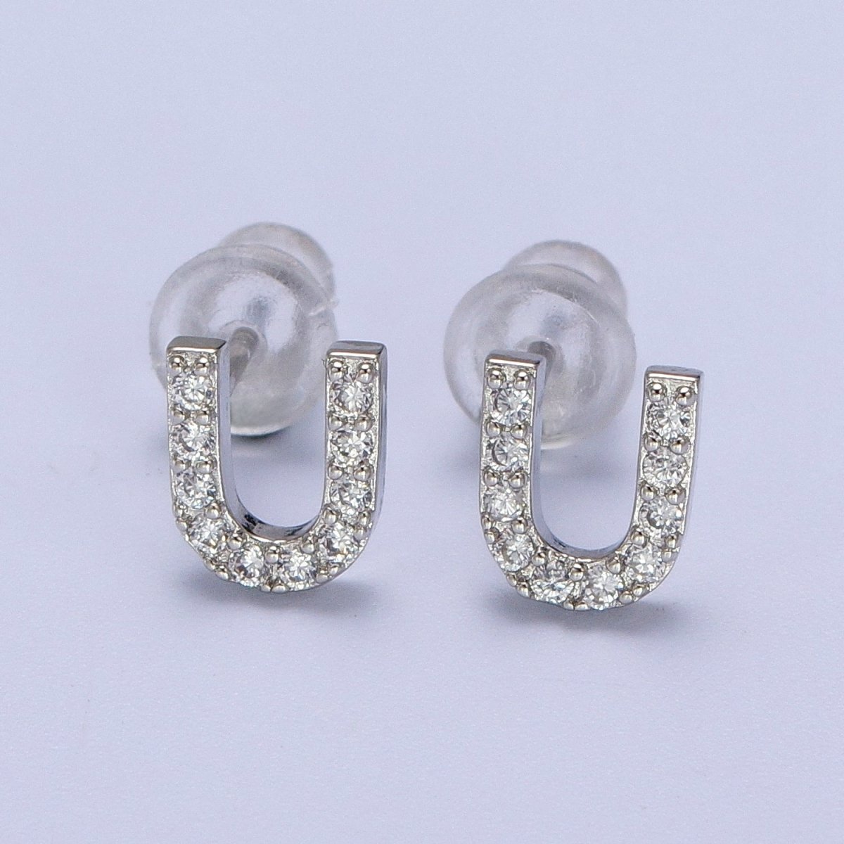 White Gold Filled Tiny Initial Letter Diamond CZ Silver Stud Earrings