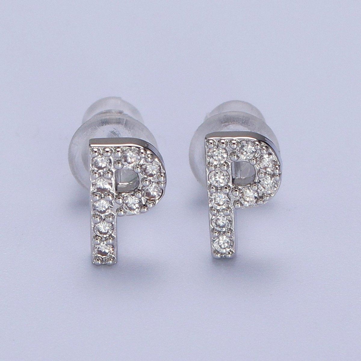 White Gold Filled Tiny Initial Letter Diamond CZ Silver Stud Earrings
