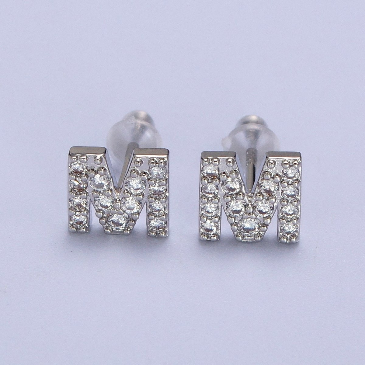 White Gold Filled Tiny Initial Letter Diamond CZ Silver Stud Earrings