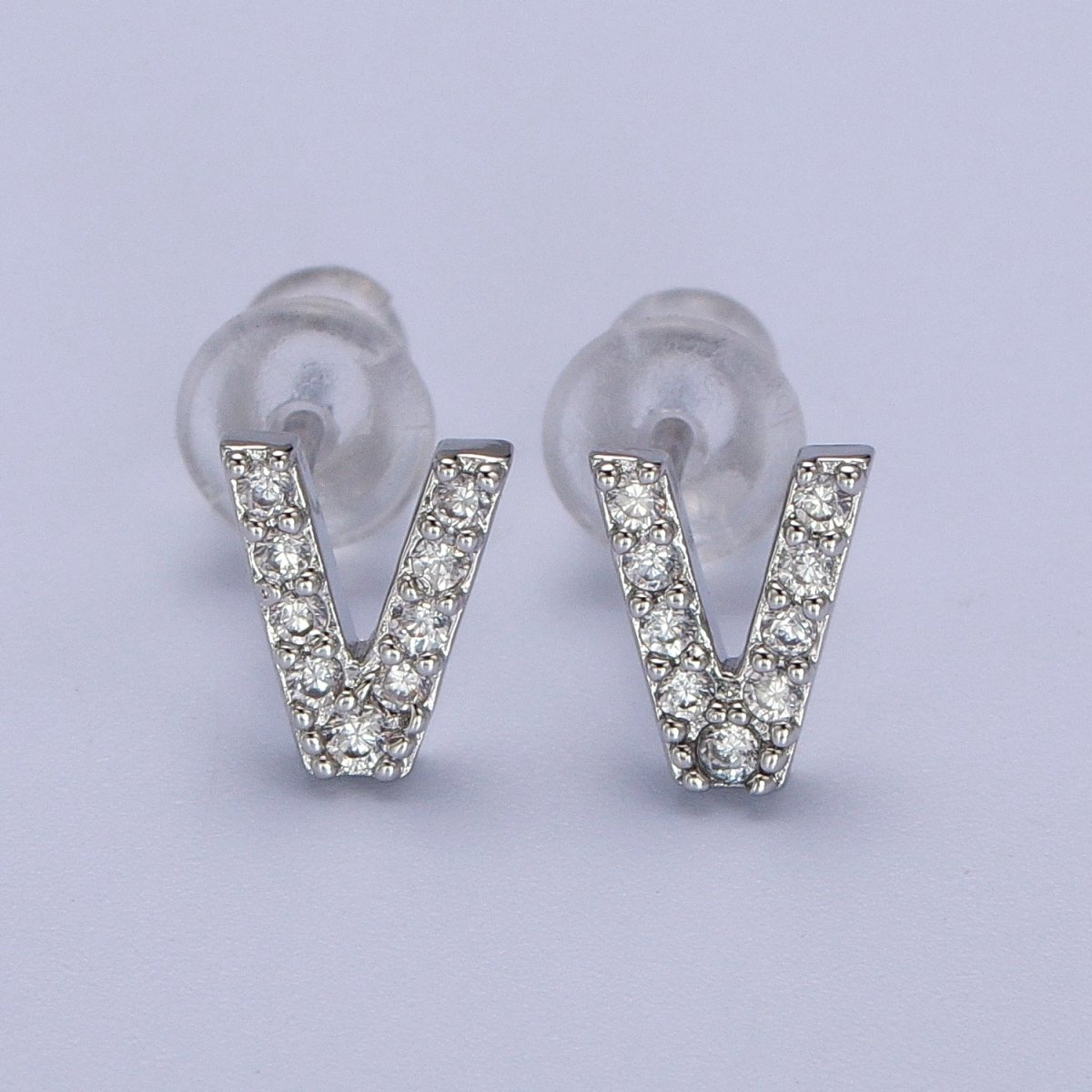 White Gold Filled Tiny Initial Letter Diamond CZ Silver Stud Earrings