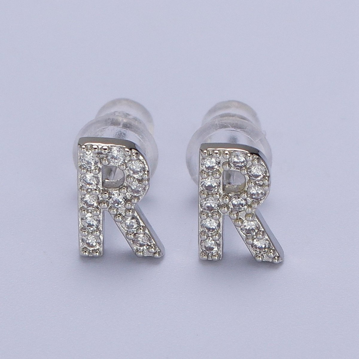 White Gold Filled Tiny Initial Letter Diamond CZ Silver Stud Earrings