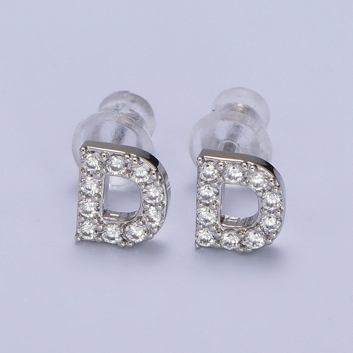 White Gold Filled Tiny Initial Letter Diamond CZ Silver Stud Earrings