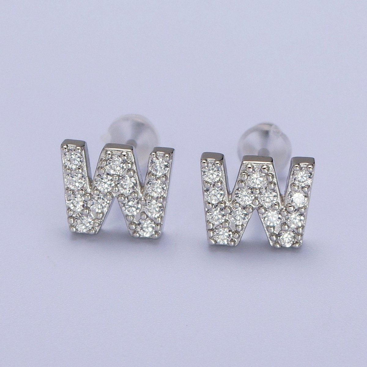 White Gold Filled Tiny Initial Letter Diamond CZ Silver Stud Earrings