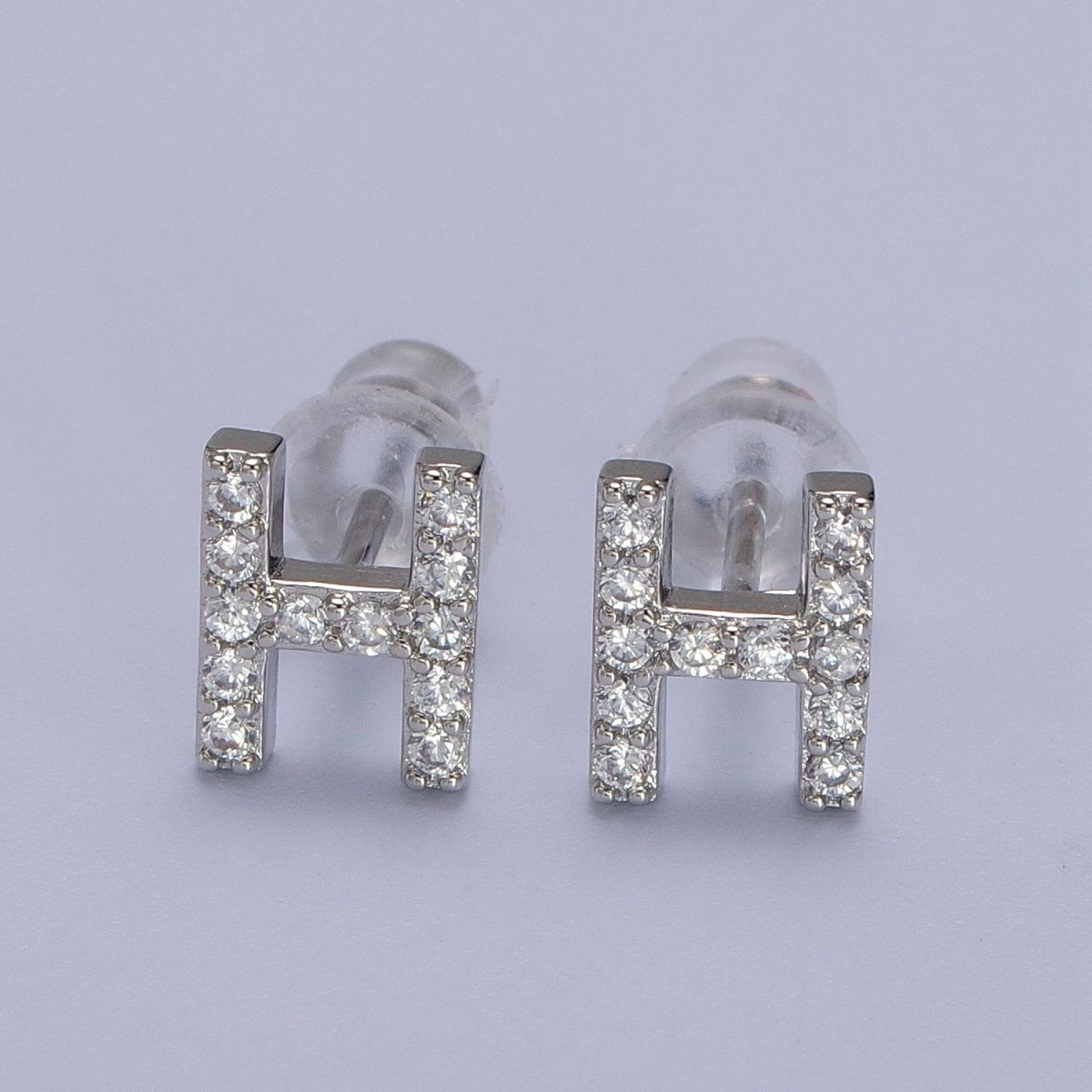 White Gold Filled Tiny Initial Letter Diamond CZ Silver Stud Earrings