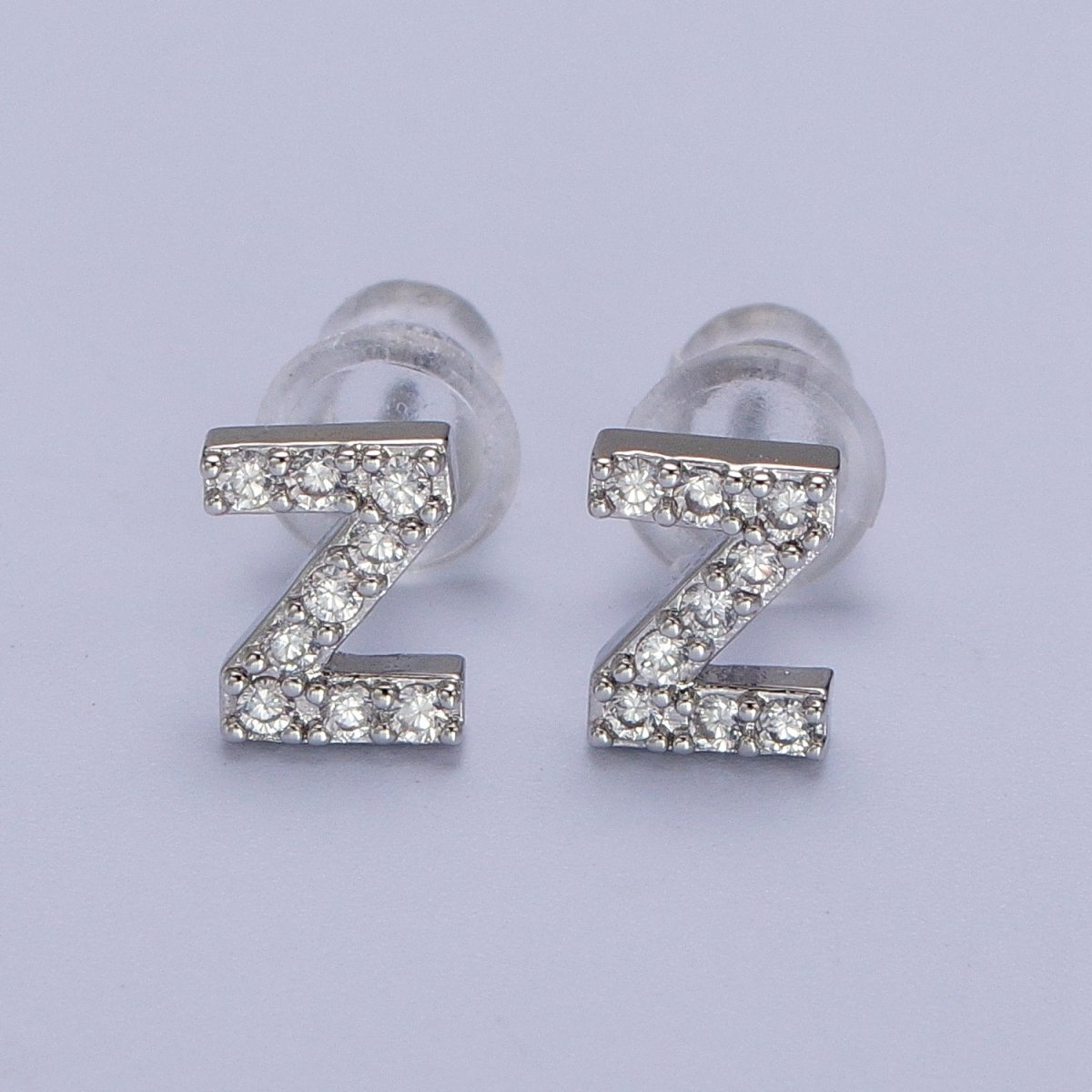 White Gold Filled Tiny Initial Letter Diamond CZ Silver Stud Earrings