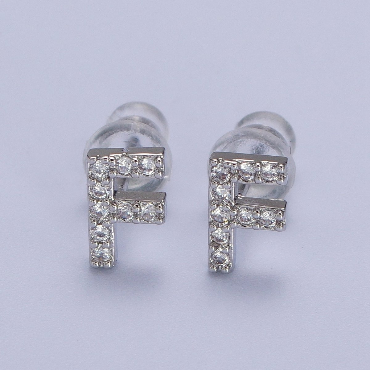 White Gold Filled Tiny Initial Letter Diamond CZ Silver Stud Earrings