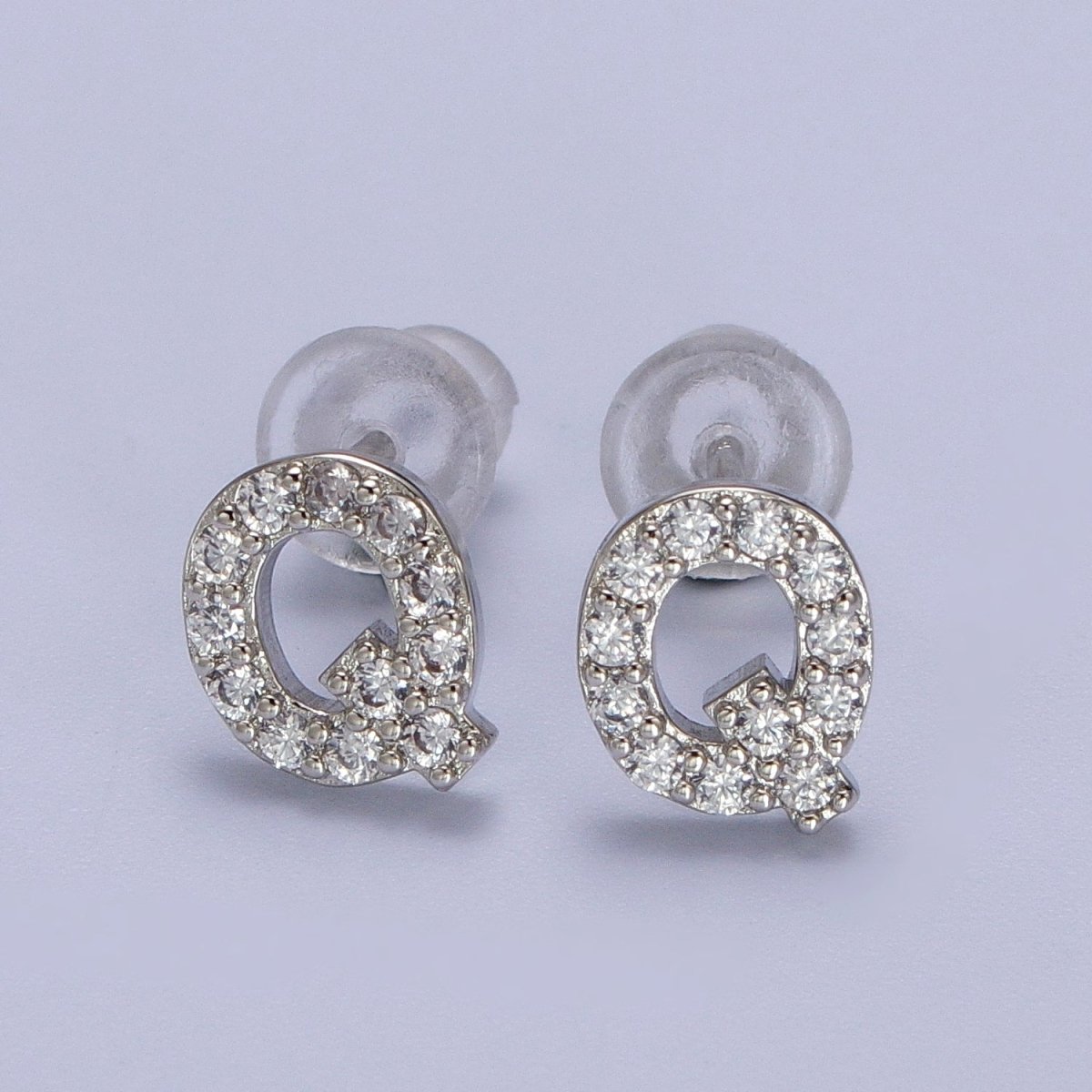 White Gold Filled Tiny Initial Letter Diamond CZ Silver Stud Earrings