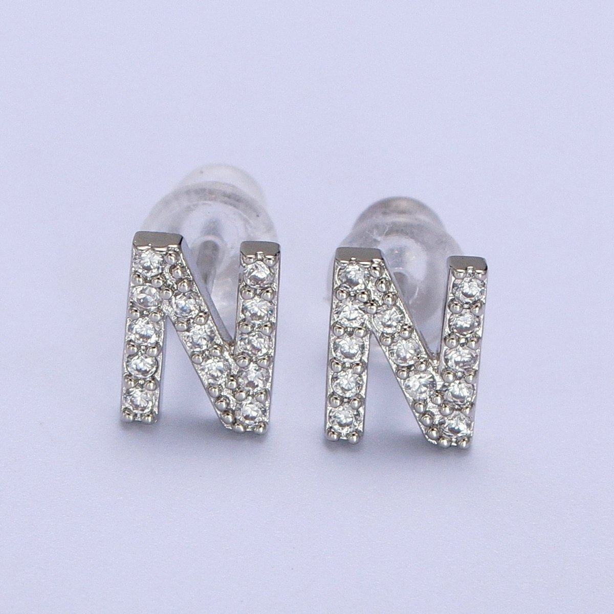 White Gold Filled Tiny Initial Letter Diamond CZ Silver Stud Earrings