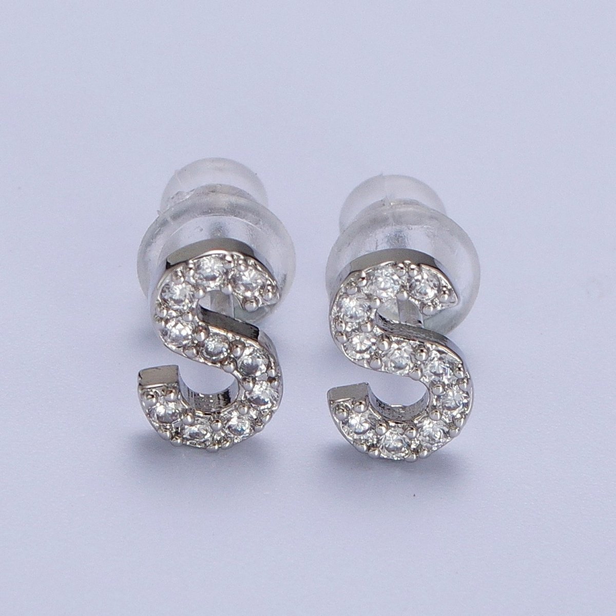 White Gold Filled Tiny Initial Letter Diamond CZ Silver Stud Earrings