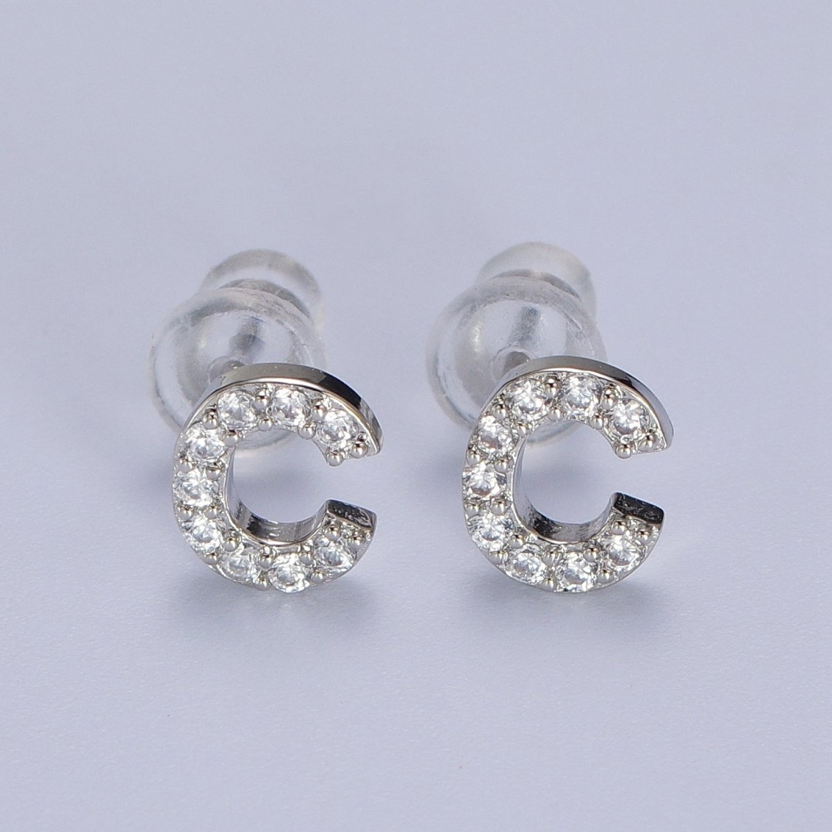 White Gold Filled Tiny Initial Letter Diamond CZ Silver Stud Earrings