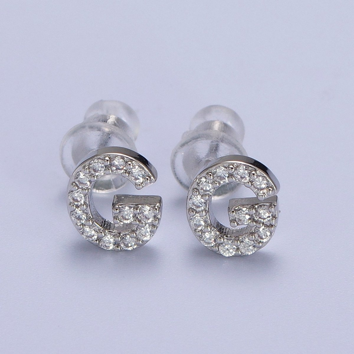 White Gold Filled Tiny Initial Letter Diamond CZ Silver Stud Earrings
