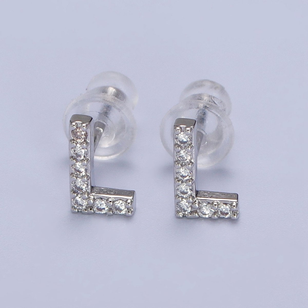 White Gold Filled Tiny Initial Letter Diamond CZ Silver Stud Earrings