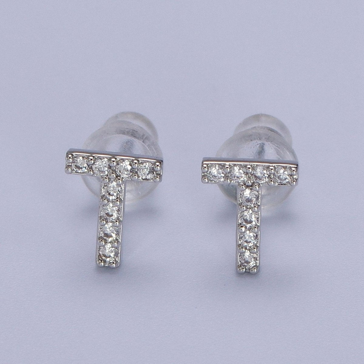 White Gold Filled Tiny Initial Letter Diamond CZ Silver Stud Earrings
