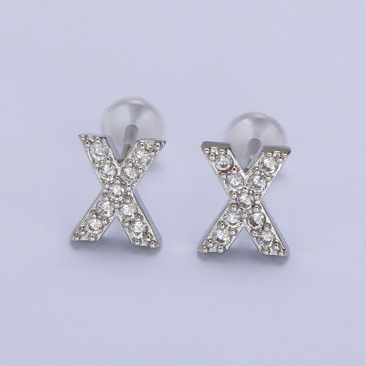 White Gold Filled Tiny Initial Letter Diamond CZ Silver Stud Earrings